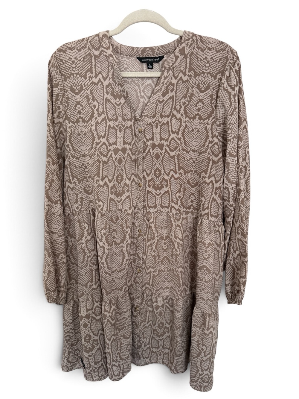 Simply Southern Taupe Snake-Print Long-Sleeve Dress size Large